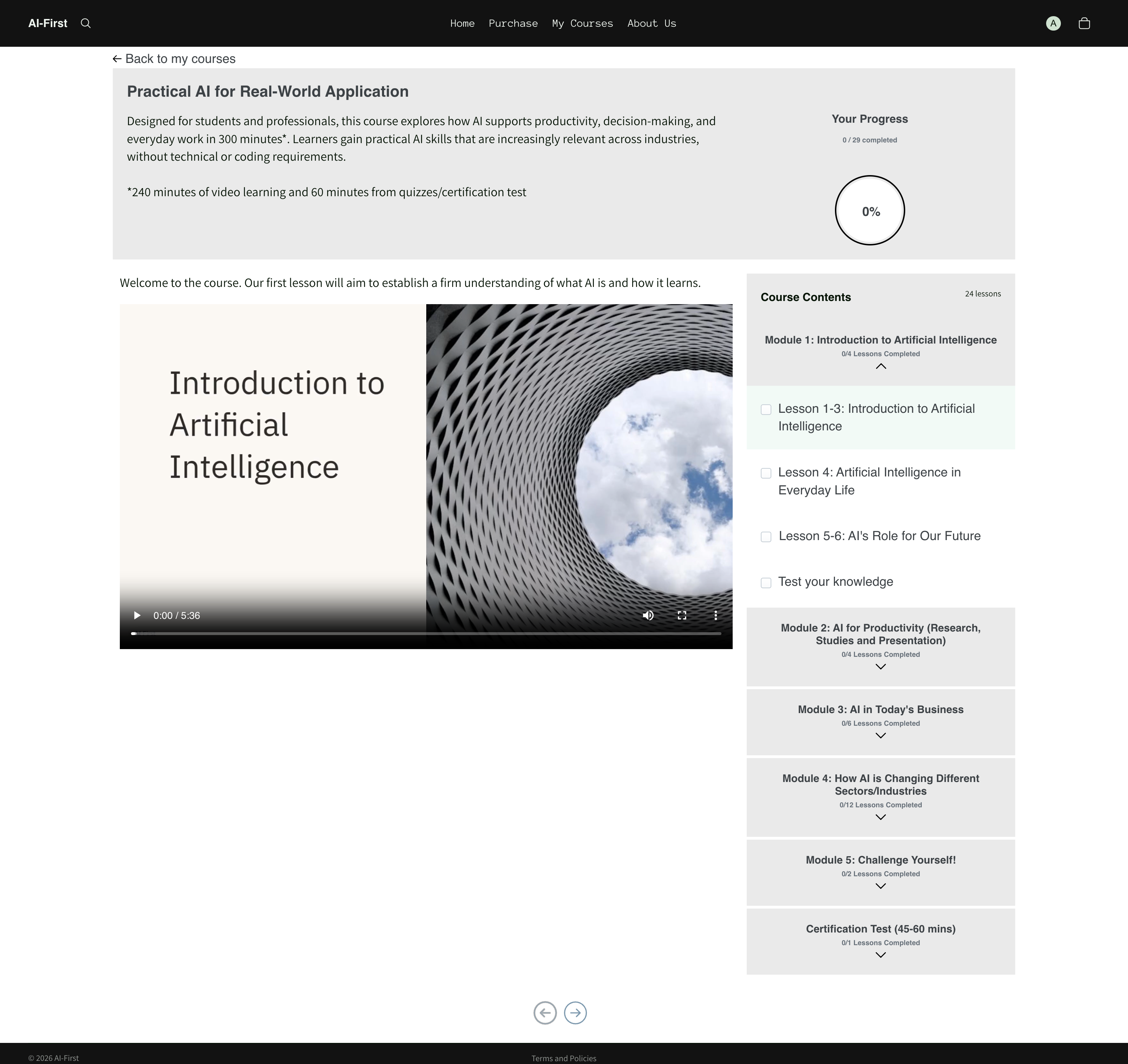 Course interface for 'Practical AI for Real-World Application' with course content and progress bar.