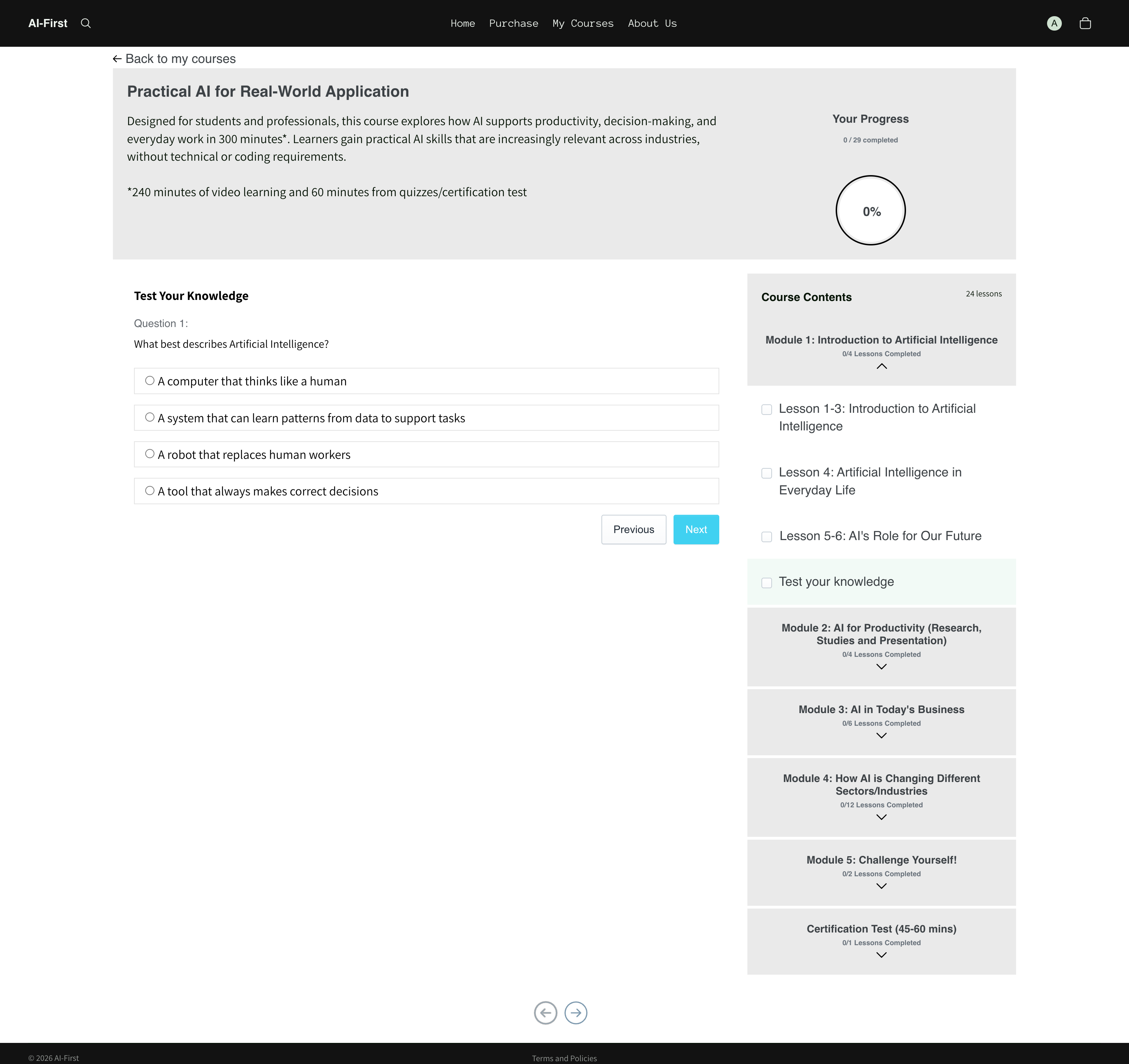 Course interface for 'Practical AI for Real-World Application' showing quizzes on a white background.